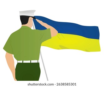Soldier saluting Ukraine  flag. vector	