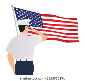 Soldier saluting USA flag. vector