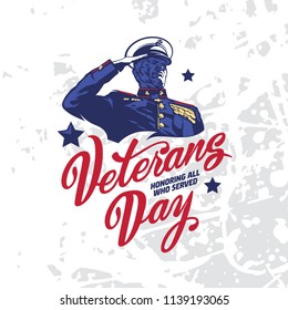 Soldier saluting Veterans Day. Vector sign