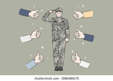 Soldier salutting and approval concept. Young man soldier and camouflage khaki costume uniform standing salutting with human hands showing thumbs up sign from all sides vector illustration 