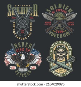 Soldier Set Colorful Poster Vintage Good Luck Warrior Patches With Guns And Eagle US Freedom Fight With Guns Vector Illustration