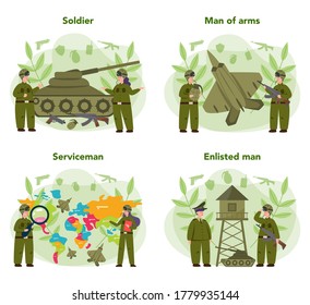 Soldat-Set. Millitärkraft-Mitarbeiter in Tarnung mit einer Waffe. militärische Ausrüstung und Technologie. Kriegsstrategie und Taktik. Einzelne flache Vektorgrafik