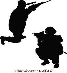Soldier . A set of silhouettes . Black and white . Vector.