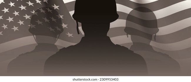 Soldier shadows on a waving USA flag background. American army retro style horizontal vector banner.