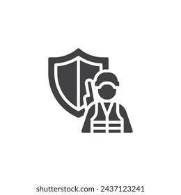 Soldado y un icono de vector de escudo. signo plano relleno para concepto móvil y diseño web. Icono de glifo militar. Símbolo, ilustración del logotipo. Gráficos vectoriales