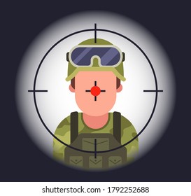 soldado a la vista de un francotirador. matar en guerra. ilustración vectorial plana.