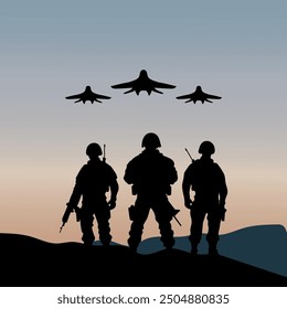 Soldier silhouette with aviation on sunset 