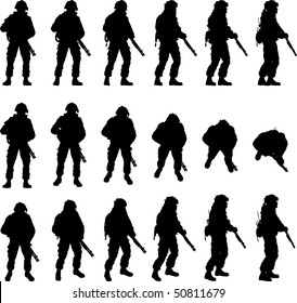 Soldier silhouette in different perspectives, vector