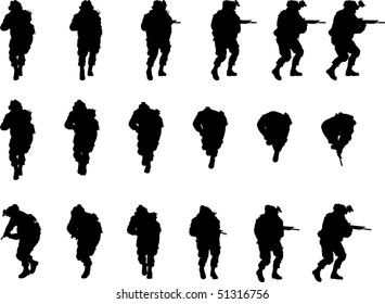 Soldier silhouette in different perspectives, vector