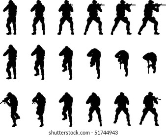 Soldier silhouette in different perspectives, vector