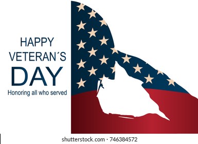 Soldier Silhouette Memorial Day. Happy Veteran's Day Poster Or Banners â?? On November 11. USA Flag As A Background.