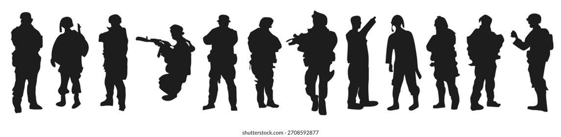 Conjunto de silueta de soldado Ilustración vectorial de equipo