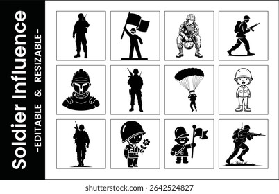 Conjunto de iconos de vector de silueta de soldado Colección de personal militar Gráficos editables y dimensionables Iconos del ejército