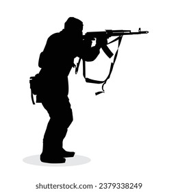 soldier silhouette vector, warrior at war. Silhouette of the military with weapons during training.