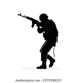 vector de silueta de soldado, guerrero en guerra. Silhouette del ejército con armas durante el entrenamiento.