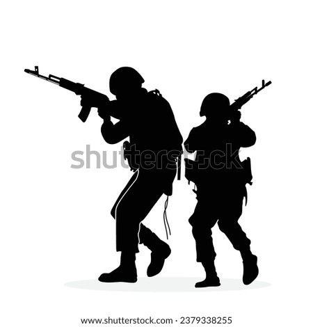soldier silhouette vector, warrior at war. Silhouette of the military with weapons during training.