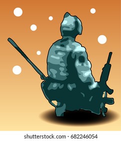 A soldier is sitting by a back to a viewer and holding a weapon in hands.