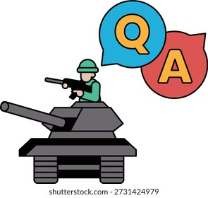 A soldier is sitting in a tank and a question mark is above him. A man is talking to the soldier