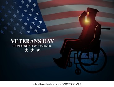 Soldier sitting in a wheelchair saluting againts United States of America flag background, vector illustration