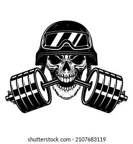 Soldier skull with barbell in teeth. Design element for logo, emblem, sign, poster, t shirt. Vector illustration