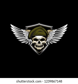 soldier skull head with wing and shield vector badge logo round template