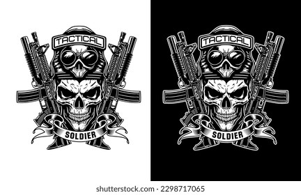 Soldier Skull with machine gun , logo black and white flat vector illustration