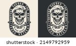 Soldier skull monochrome label vintage military patch with skull in spetsnaz beret with crossed Army bayonet vector illustration