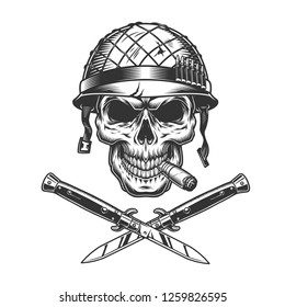 Soldier skull smoking cigar in helmet with crossed knives in vintage monochrome style isolated vector illustration