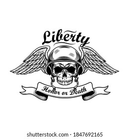 Ilustración del vector de cráneo de soldador. Cabeza de esqueleto en casco de tanque, alas, libertad, honor o texto de muerte. Concepto militar o militar para emblemas o plantillas de tatuajes