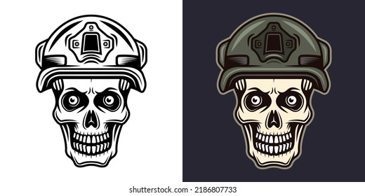 Soldier skull vector illustration in two styles monochrome on white and colorful on dark background