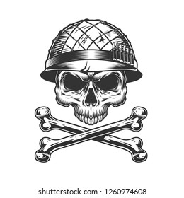 Soldier skull without jaw in helmet with crossbones in vintage monochrome style isolated vector illustration
