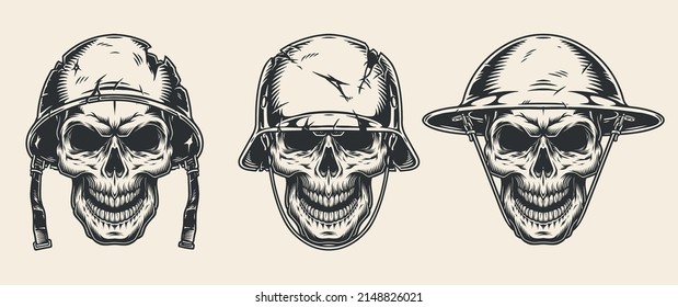 Soldaten-Schädel-Monochrome-Etikettenvintage die Köpfe der toten Armee in beschädigten Helmen aus der Zeit der militärischen Hüte des Zweiten Weltkriegs Vektorgrafik