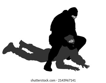 Presentación de habilidades de miembros de la fuerza especial de soldados contra la silueta de vector del enemigo terrorista aislada en blanco. Hombre luchando contra el agresor en el terreno. Combate de por vida, arrestan a policías.