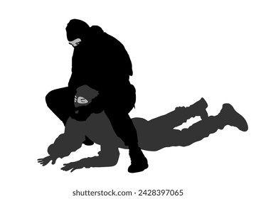 Soldier special force member skill presentation against terrorist enemy vector silhouette illustration isolated on white. Man fighting against aggressor on ground. Combat for life. Policeman arrest.