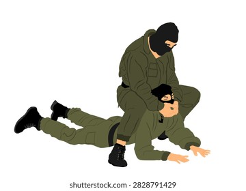 Soldier special force member skill presentation against terrorist enemy vector illustration isolated on white background. Man fighting against aggressor on ground. Combat for life, Policeman arrest.