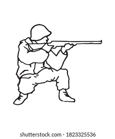 Soldier in squat position camping and shooting the target, hand drawn outline illustration. Human in a world war with the rifle gun, pen drawing. Army troops in the uniform and helmet, logo symbol.
