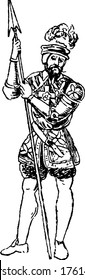 A soldier standing with an arrow in his hand, dressed in military costume, worn from the time of Henry VIII, vintage line drawing or engraving illustration.