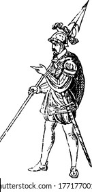 A soldier standing with an arrow in his one hand, and pointing at something with the other hand is dressed in military costume, worn from the time of Henry VIII, vintage line drawing or engraving.