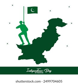 A soldier standing atop a map of Pakistan, proudly holding the Pakistani flag The text Happy Independence Day of Pakistan is written below