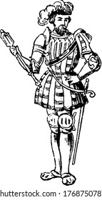 A soldier standing, dressed in military costume, worn from the time of Henry VIII, vintage line drawing or engraving illustration.