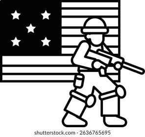 A soldier is standing in front of an American flag. The soldier is holding a rifle and he is in a military uniform. Concept of patriotism and pride in one's country