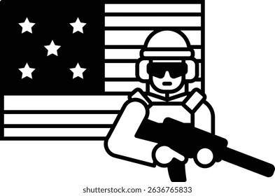 A soldier is standing in front of the American flag. He is holding a gun. Concept of patriotism and pride in one's country