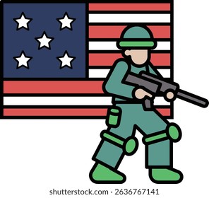A soldier is standing in front of the American flag. The soldier is holding a gun. The flag is red, white, and blue