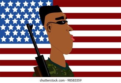 soldier standing in front of american flag