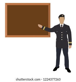 Soldier standing in front of empty blackboard. Education concept