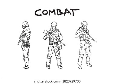 Soldado de pie en un grupo, ilustración dibujada a mano con letras. Militares portando fusiles con uniforme completo y cascos, esbozan dibujos artísticos de la pluma. Soldados del ejército listos para la señal de combate.