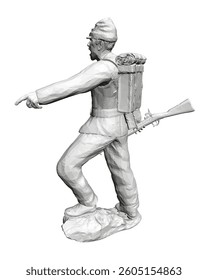 A soldier is standing with his back to the camera and pointing to the right. He is wearing a backpack and holding a rifle. The image has a serious and focused mood