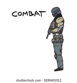 Soldado parado desde el perfil listo para combatir y abrir fuego, ilustración esquemática. Hombre de camo militar sostiene pistola, logo de dibujo de lápiz con letras. Humano en el ejército con rifle y uniforme.