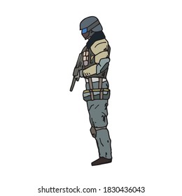 Soldier standing from profile ready to combat and to open fire, hand drawn colored illustration. Military man with big gun pen drawing black and white logo. Human in the army with rifle and uniform.