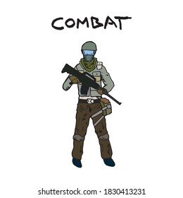 Soldier standing ready to combat and to open fire, hand drawn colored illustration with letters text. Military man holding gun, pen drawing logo. Human in the army with rifle and full uniform, symbol.